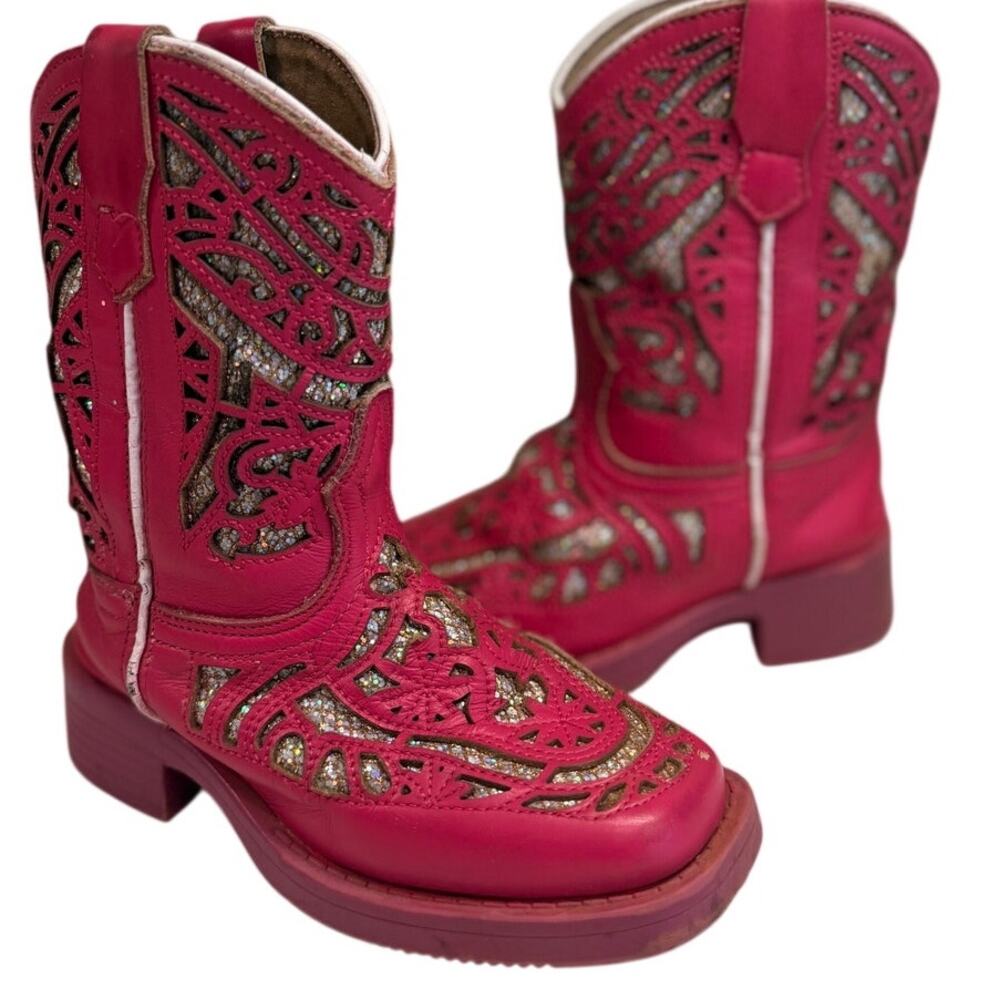 J.B. Dillon Kids Hot Pink Glitter Cutout Western Boots Size 10.5